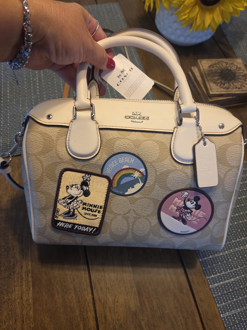 Coach Beige Minnie Mouse Patch Satchel